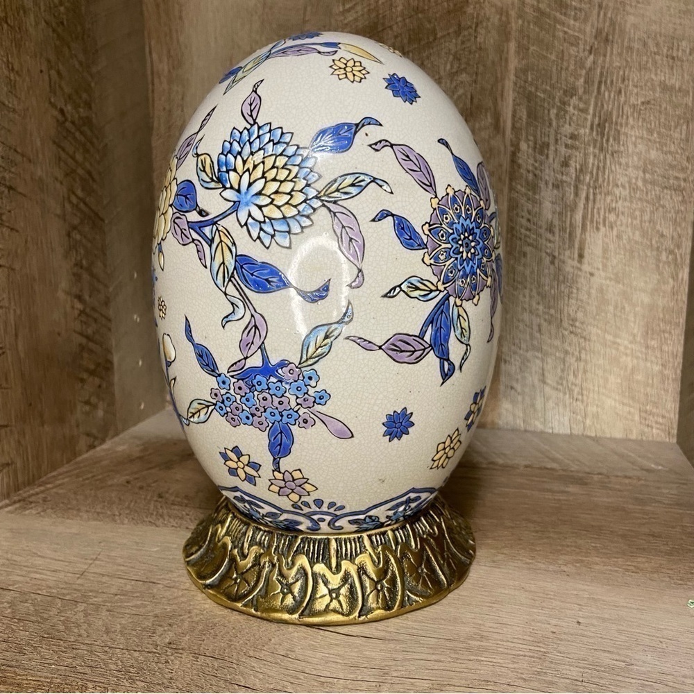 Vintage Chinese Floral Porcelain Hand Painted Egg Bronze Stand 10" Chinoiserie - Picture 8 of 8